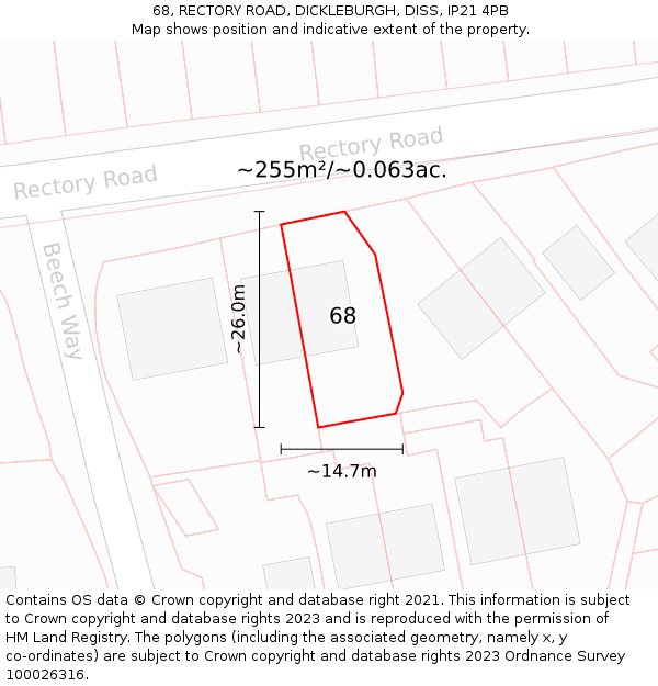 68, RECTORY ROAD, DICKLEBURGH, DISS, IP21 4PB: Plot and title map