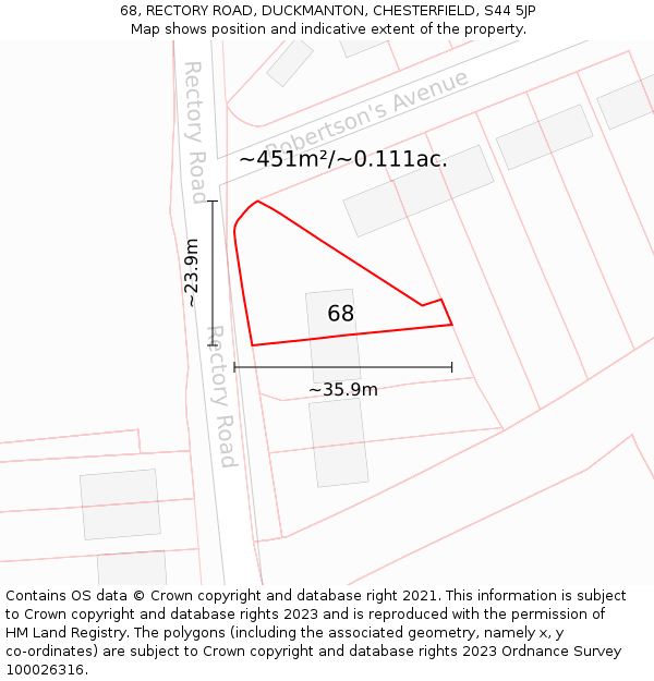 68, RECTORY ROAD, DUCKMANTON, CHESTERFIELD, S44 5JP: Plot and title map