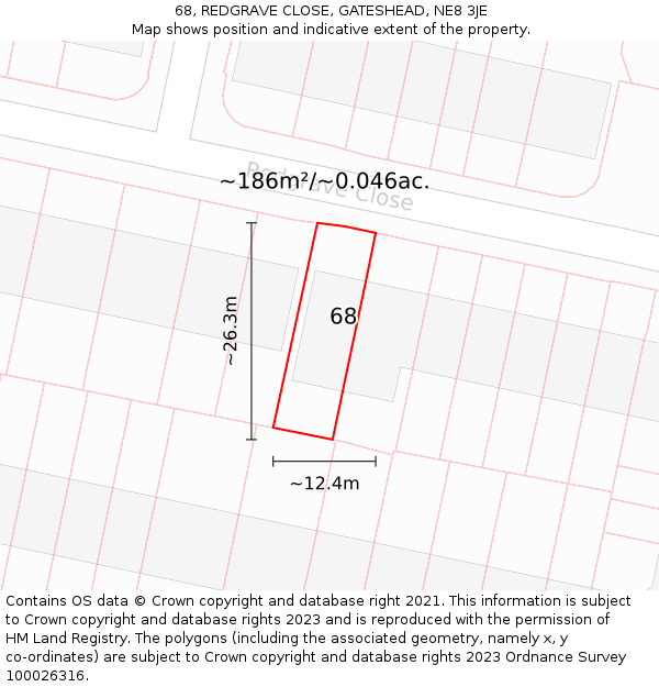 68, REDGRAVE CLOSE, GATESHEAD, NE8 3JE: Plot and title map