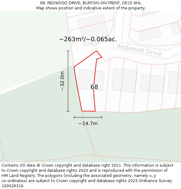 68, REDWOOD DRIVE, BURTON-ON-TRENT, DE15 9HL: Plot and title map