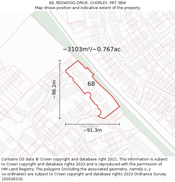 68, REDWOOD DRIVE, CHORLEY, PR7 3BW: Plot and title map