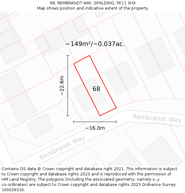 68, REMBRANDT WAY, SPALDING, PE11 3HX: Plot and title map