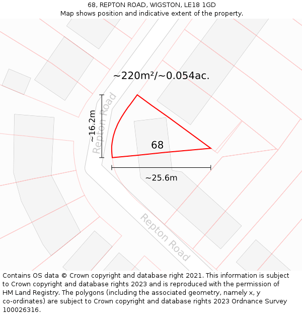 68, REPTON ROAD, WIGSTON, LE18 1GD: Plot and title map
