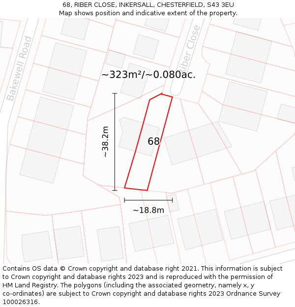 68, RIBER CLOSE, INKERSALL, CHESTERFIELD, S43 3EU: Plot and title map