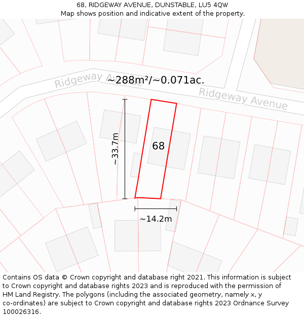 68, RIDGEWAY AVENUE, DUNSTABLE, LU5 4QW: Plot and title map
