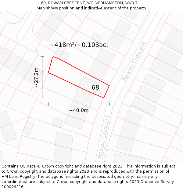 68, ROWAN CRESCENT, WOLVERHAMPTON, WV3 7HL: Plot and title map