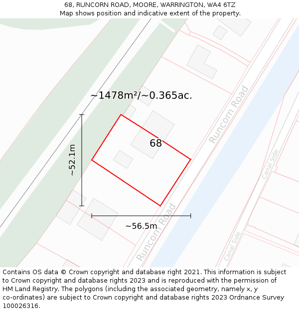 68, RUNCORN ROAD, MOORE, WARRINGTON, WA4 6TZ: Plot and title map