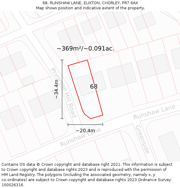68, RUNSHAW LANE, EUXTON, CHORLEY, PR7 6AX: Plot and title map