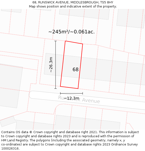 68, RUNSWICK AVENUE, MIDDLESBROUGH, TS5 8HY: Plot and title map