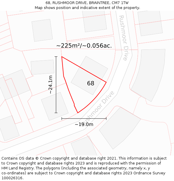 68, RUSHMOOR DRIVE, BRAINTREE, CM7 1TW: Plot and title map