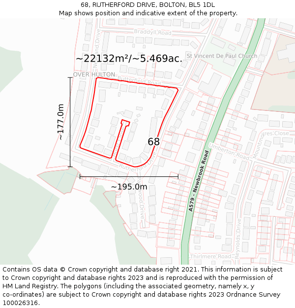 68, RUTHERFORD DRIVE, BOLTON, BL5 1DL: Plot and title map