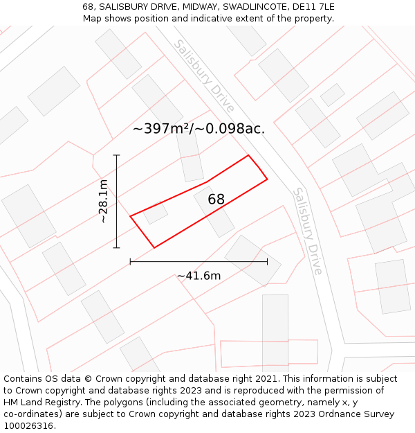 68, SALISBURY DRIVE, MIDWAY, SWADLINCOTE, DE11 7LE: Plot and title map