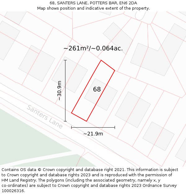 68, SANTERS LANE, POTTERS BAR, EN6 2DA: Plot and title map