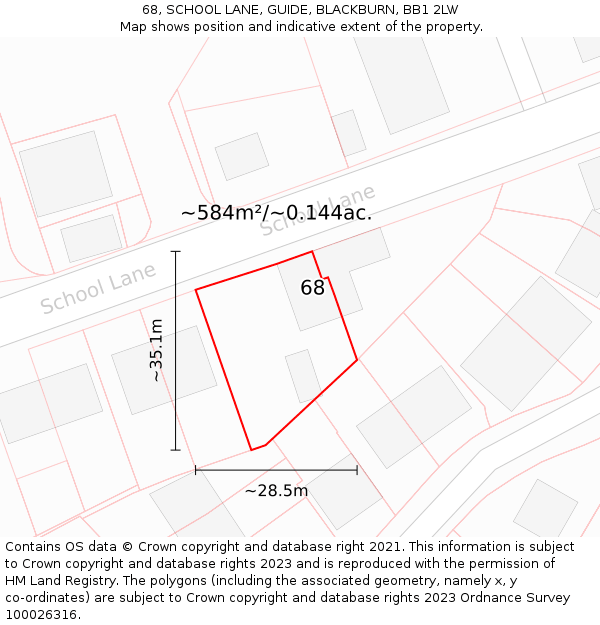68, SCHOOL LANE, GUIDE, BLACKBURN, BB1 2LW: Plot and title map