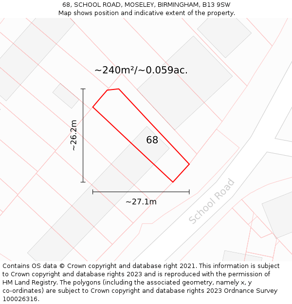 68, SCHOOL ROAD, MOSELEY, BIRMINGHAM, B13 9SW: Plot and title map