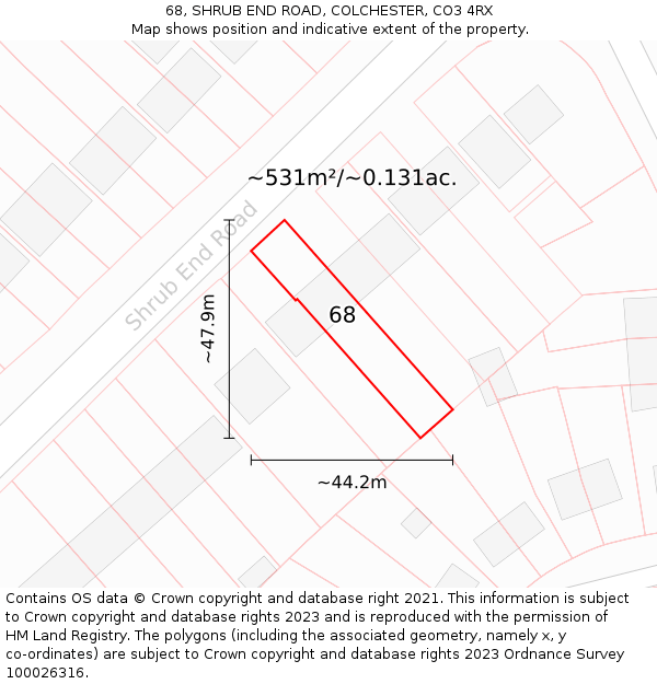 68, SHRUB END ROAD, COLCHESTER, CO3 4RX: Plot and title map