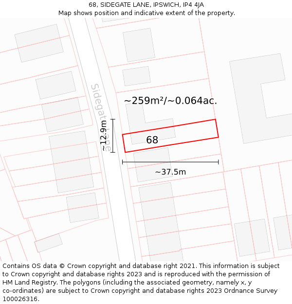 68, SIDEGATE LANE, IPSWICH, IP4 4JA: Plot and title map