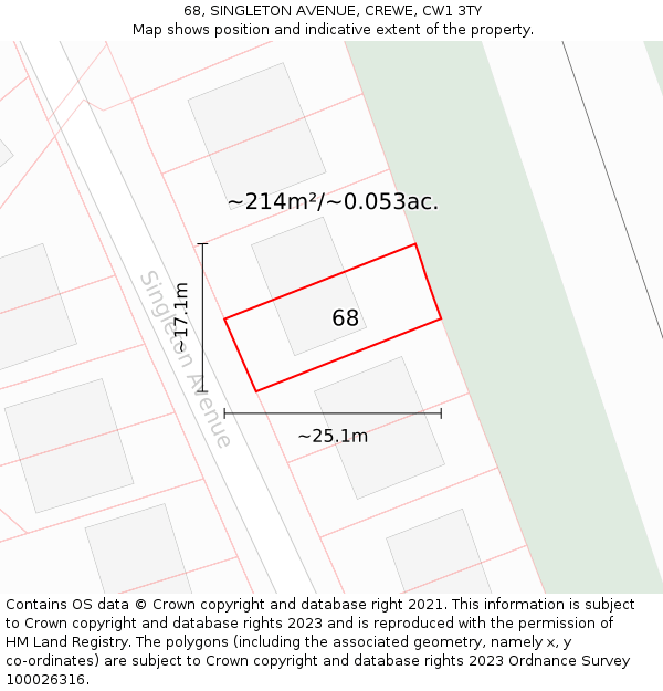 68, SINGLETON AVENUE, CREWE, CW1 3TY: Plot and title map