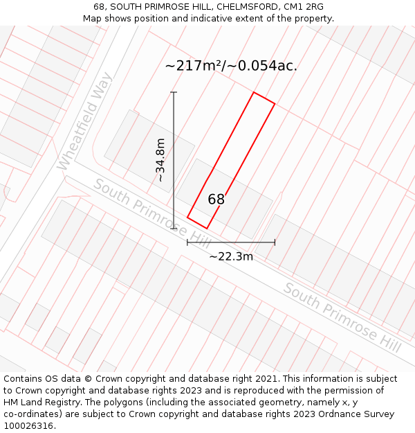 68, SOUTH PRIMROSE HILL, CHELMSFORD, CM1 2RG: Plot and title map