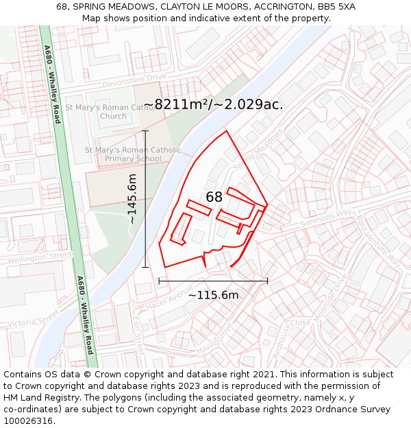 68, SPRING MEADOWS, CLAYTON LE MOORS, ACCRINGTON, BB5 5XA: Plot and title map