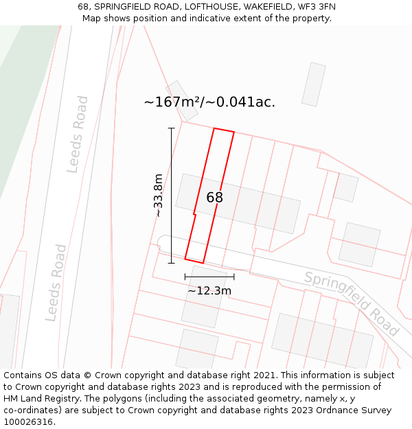 68, SPRINGFIELD ROAD, LOFTHOUSE, WAKEFIELD, WF3 3FN: Plot and title map