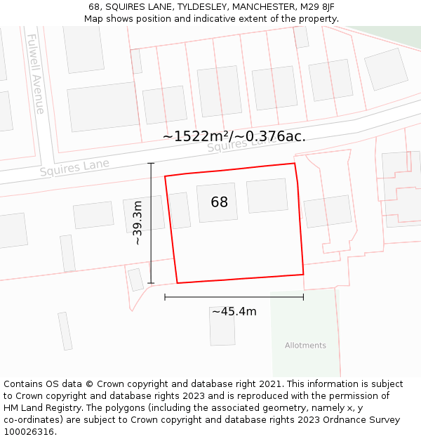 68, SQUIRES LANE, TYLDESLEY, MANCHESTER, M29 8JF: Plot and title map