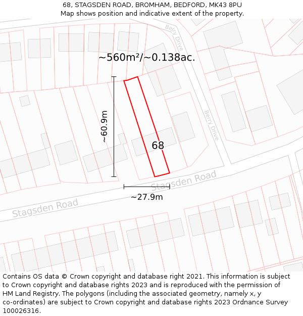 68, STAGSDEN ROAD, BROMHAM, BEDFORD, MK43 8PU: Plot and title map