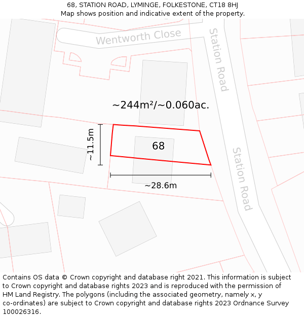 68, STATION ROAD, LYMINGE, FOLKESTONE, CT18 8HJ: Plot and title map