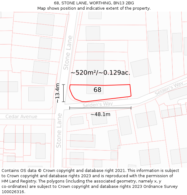 68, STONE LANE, WORTHING, BN13 2BG: Plot and title map