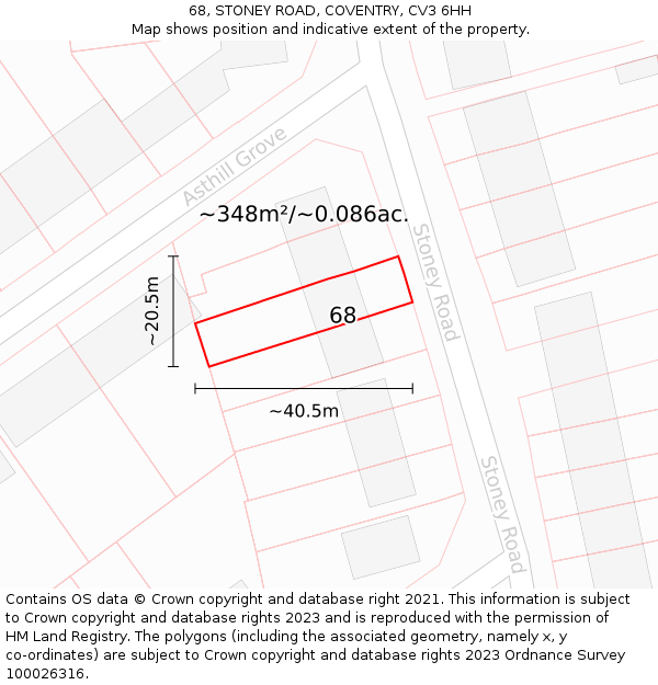 68, STONEY ROAD, COVENTRY, CV3 6HH: Plot and title map
