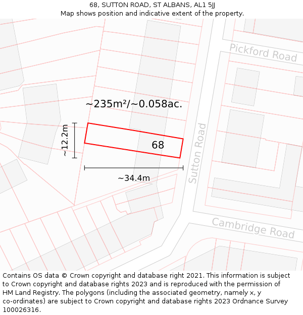 68, SUTTON ROAD, ST ALBANS, AL1 5JJ: Plot and title map