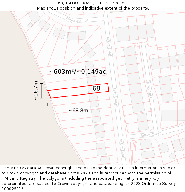 68, TALBOT ROAD, LEEDS, LS8 1AH: Plot and title map