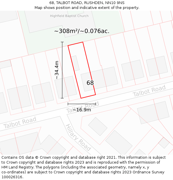 68, TALBOT ROAD, RUSHDEN, NN10 9NS: Plot and title map