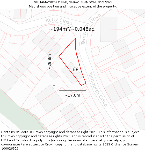 68, TAMWORTH DRIVE, SHAW, SWINDON, SN5 5SG: Plot and title map