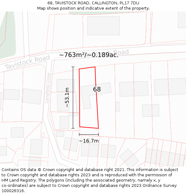 68, TAVISTOCK ROAD, CALLINGTON, PL17 7DU: Plot and title map