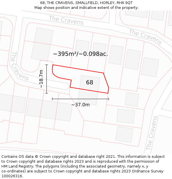 68, THE CRAVENS, SMALLFIELD, HORLEY, RH6 9QT: Plot and title map