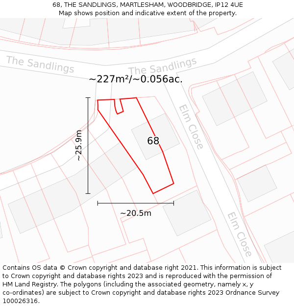 68, THE SANDLINGS, MARTLESHAM, WOODBRIDGE, IP12 4UE: Plot and title map