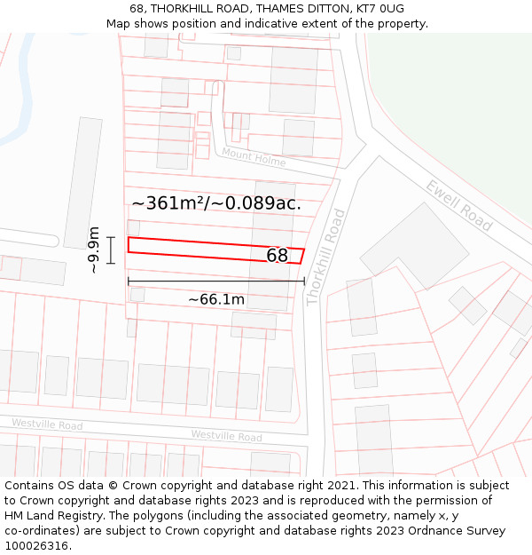 68, THORKHILL ROAD, THAMES DITTON, KT7 0UG: Plot and title map
