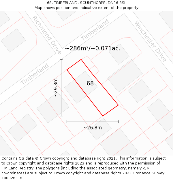 68, TIMBERLAND, SCUNTHORPE, DN16 3SL: Plot and title map