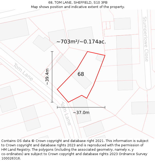 68, TOM LANE, SHEFFIELD, S10 3PB: Plot and title map