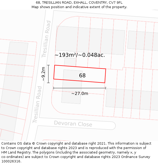 68, TRESILLIAN ROAD, EXHALL, COVENTRY, CV7 9FL: Plot and title map