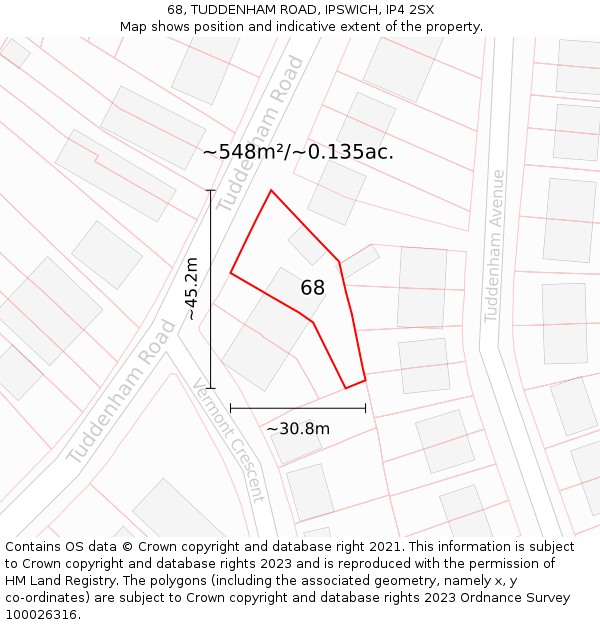 68, TUDDENHAM ROAD, IPSWICH, IP4 2SX: Plot and title map