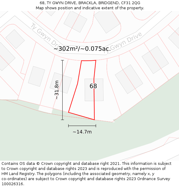 68, TY GWYN DRIVE, BRACKLA, BRIDGEND, CF31 2QG: Plot and title map