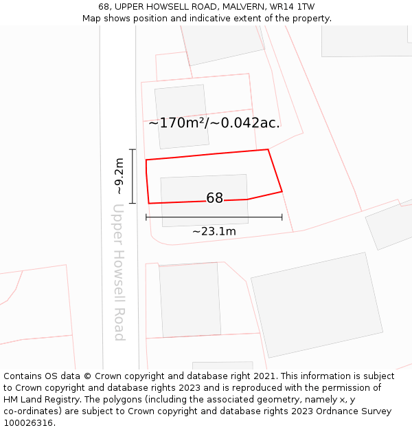 68, UPPER HOWSELL ROAD, MALVERN, WR14 1TW: Plot and title map