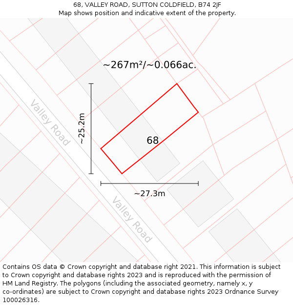 68, VALLEY ROAD, SUTTON COLDFIELD, B74 2JF: Plot and title map