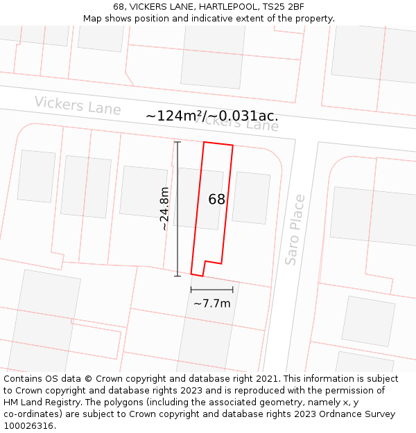 68, VICKERS LANE, HARTLEPOOL, TS25 2BF: Plot and title map
