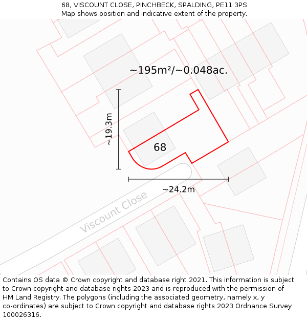 68, VISCOUNT CLOSE, PINCHBECK, SPALDING, PE11 3PS: Plot and title map