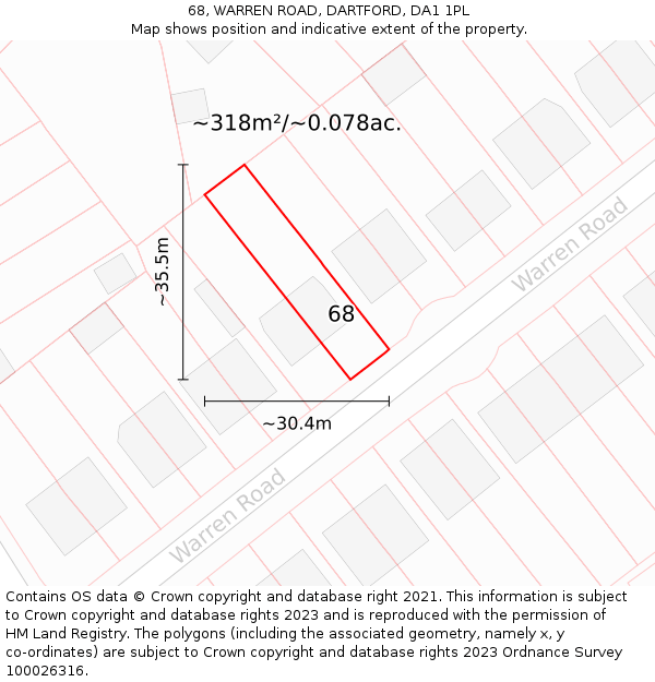 68, WARREN ROAD, DARTFORD, DA1 1PL: Plot and title map