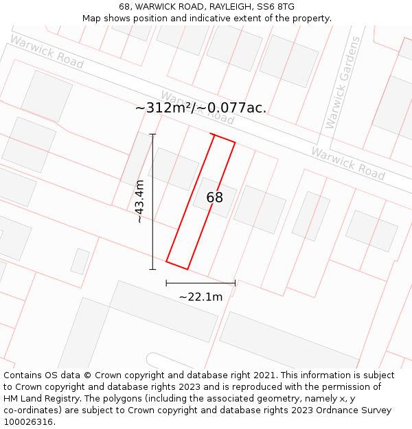 68, WARWICK ROAD, RAYLEIGH, SS6 8TG: Plot and title map