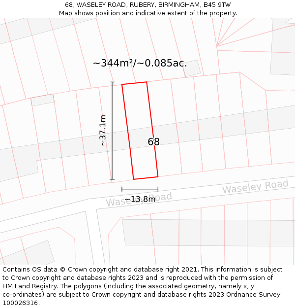 68, WASELEY ROAD, RUBERY, BIRMINGHAM, B45 9TW: Plot and title map